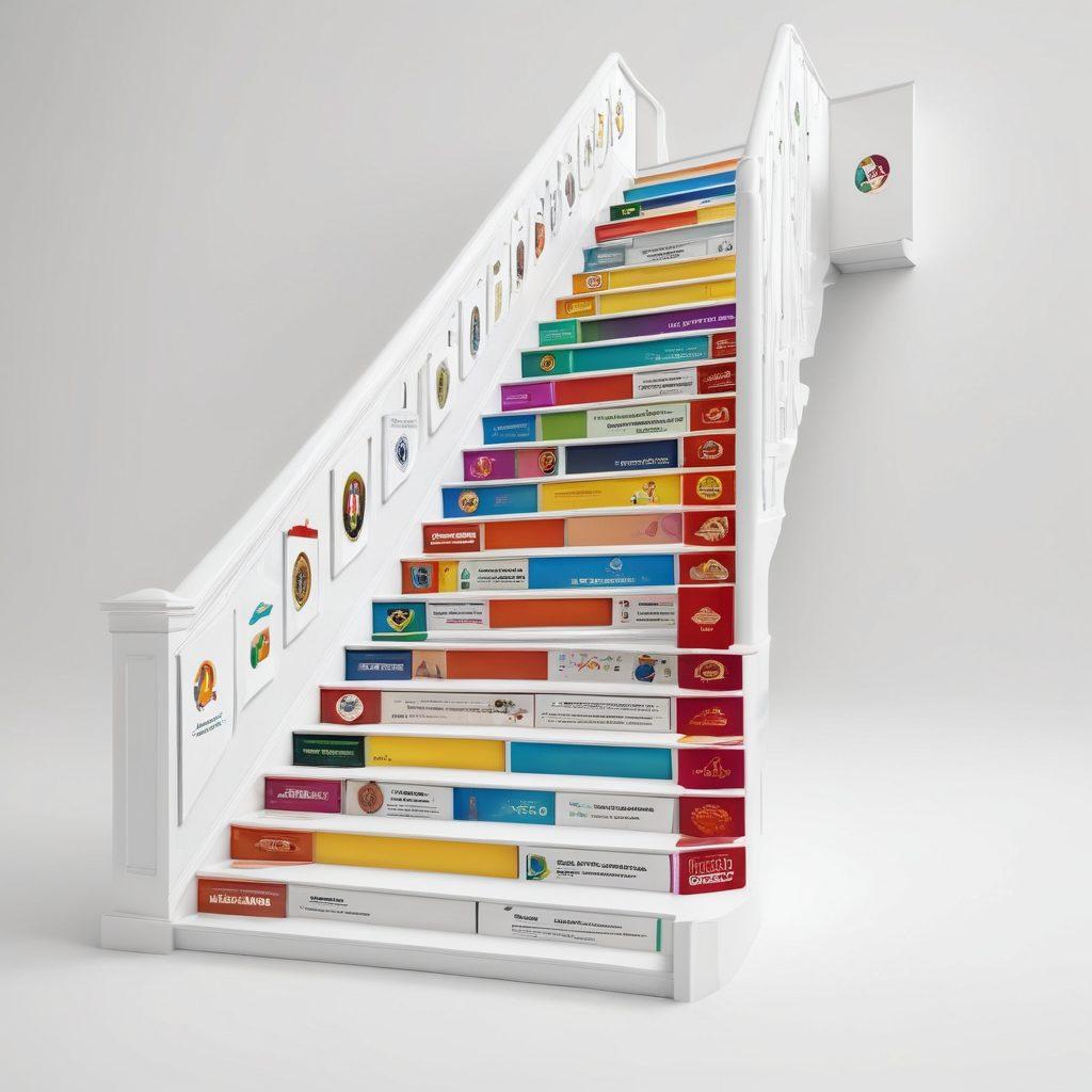 A vibrant staircase leading upwards, symbolizing growth and achievement, adorned with certificates and badges along the sides. People of diverse backgrounds are climbing, representing inclusivity in professional development. A bright light at the top signifies success and potential waiting to be unlocked. super-realistic. vibrant colors. white background.