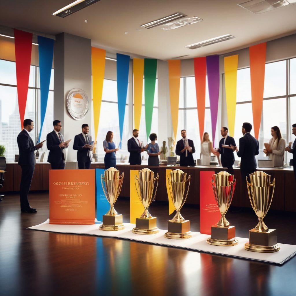 A professional setting showcasing a diverse group of individuals receiving awards and certificates of accreditation, with a backdrop of a modern office filled with shining trophies and banners representing various fields. The atmosphere radiates achievement and recognition, emphasizing the importance of professional growth. The scene is illuminated with vibrant colors to convey a sense of success and aspiration. super-realistic. vibrant colors. modern design.