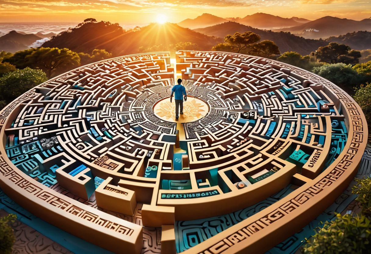 An intricate maze symbolizing the certification landscape, with various educational resources and tools scattered throughout, such as books, online course icons, and certificates. A figure confidently navigates through the maze with a map, embodying determination and clarity. The background features a sunrise to represent hope and new beginnings. super-realistic. vibrant colors.